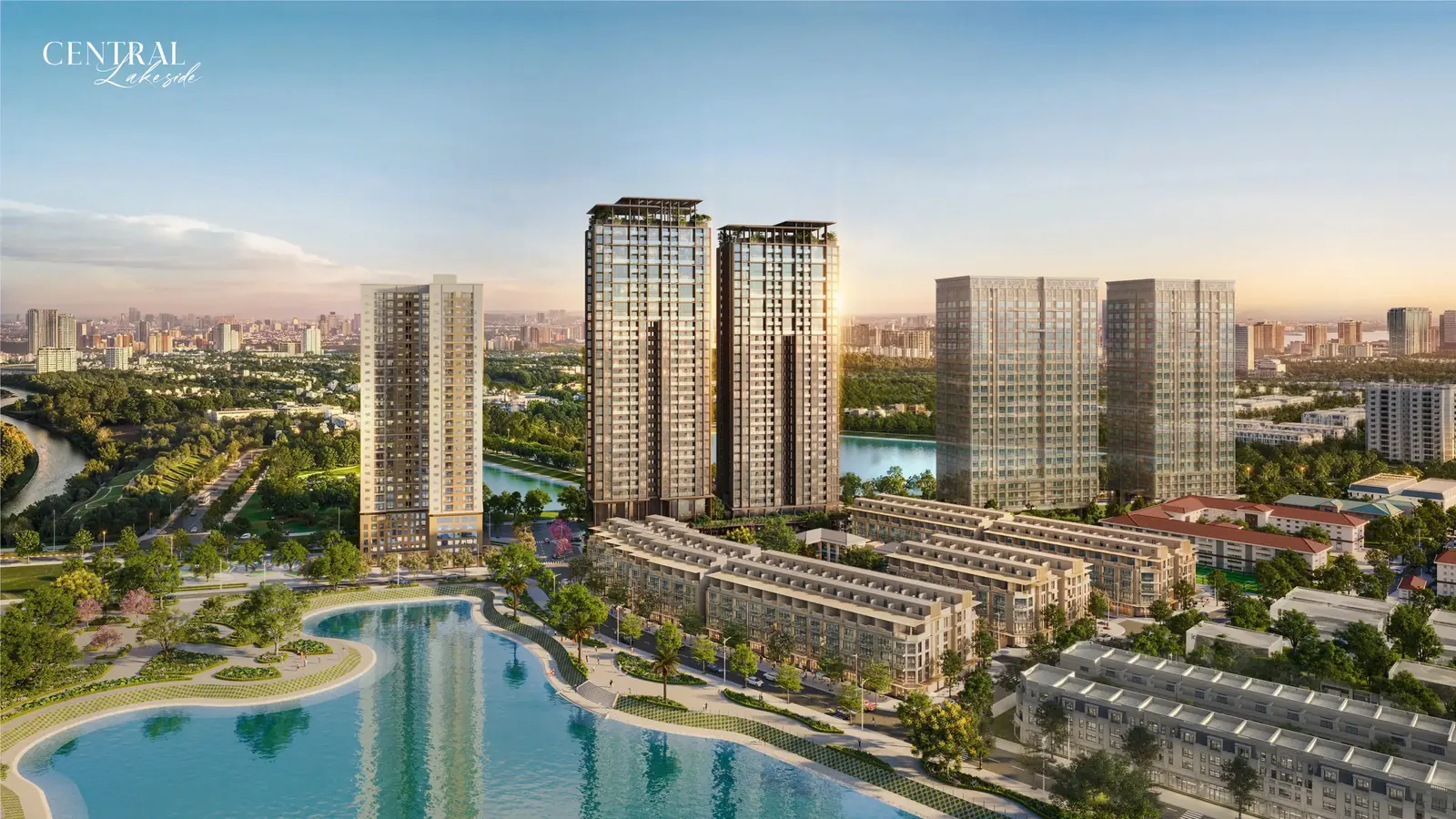 Phối cảnh tổng quan Central Lakeside với tháp HH01, HH02 và khu thấp tầng