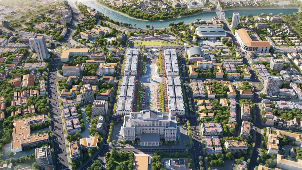 Phối cảnh tổng thể Central Square Thái Nguyên nhìn từ trên cao, hướng ra sông Cầu