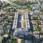 Phối cảnh tổng thể Central Square Thái Nguyên nhìn từ trên cao, hướng ra sông Cầu