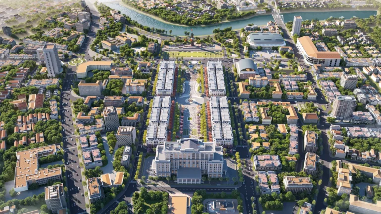 Phối cảnh tổng thể Central Square Thái Nguyên nhìn từ trên cao, hướng ra sông Cầu