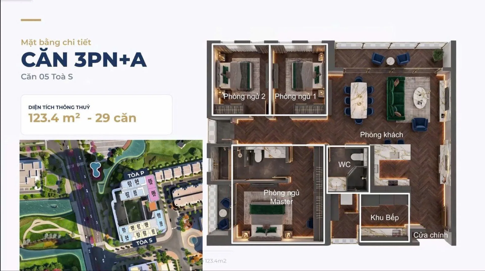 Mặt bằng căn hộ 3PN+A 123,4 m2 Maison Privée