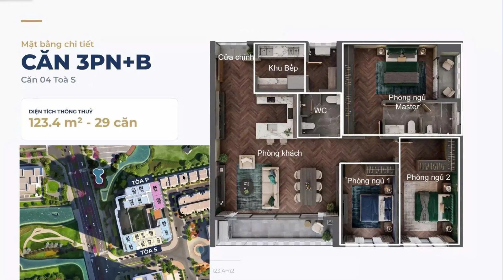 Mặt bằng căn hộ 3PN+B 123,4 m2 Maison Privée