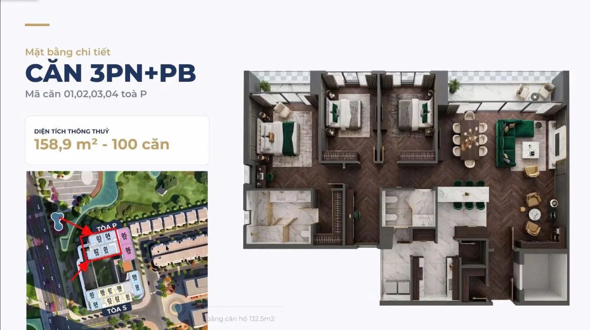 Mặt bằng căn hộ 3PN+PB 158,9 m2 Maison Privée