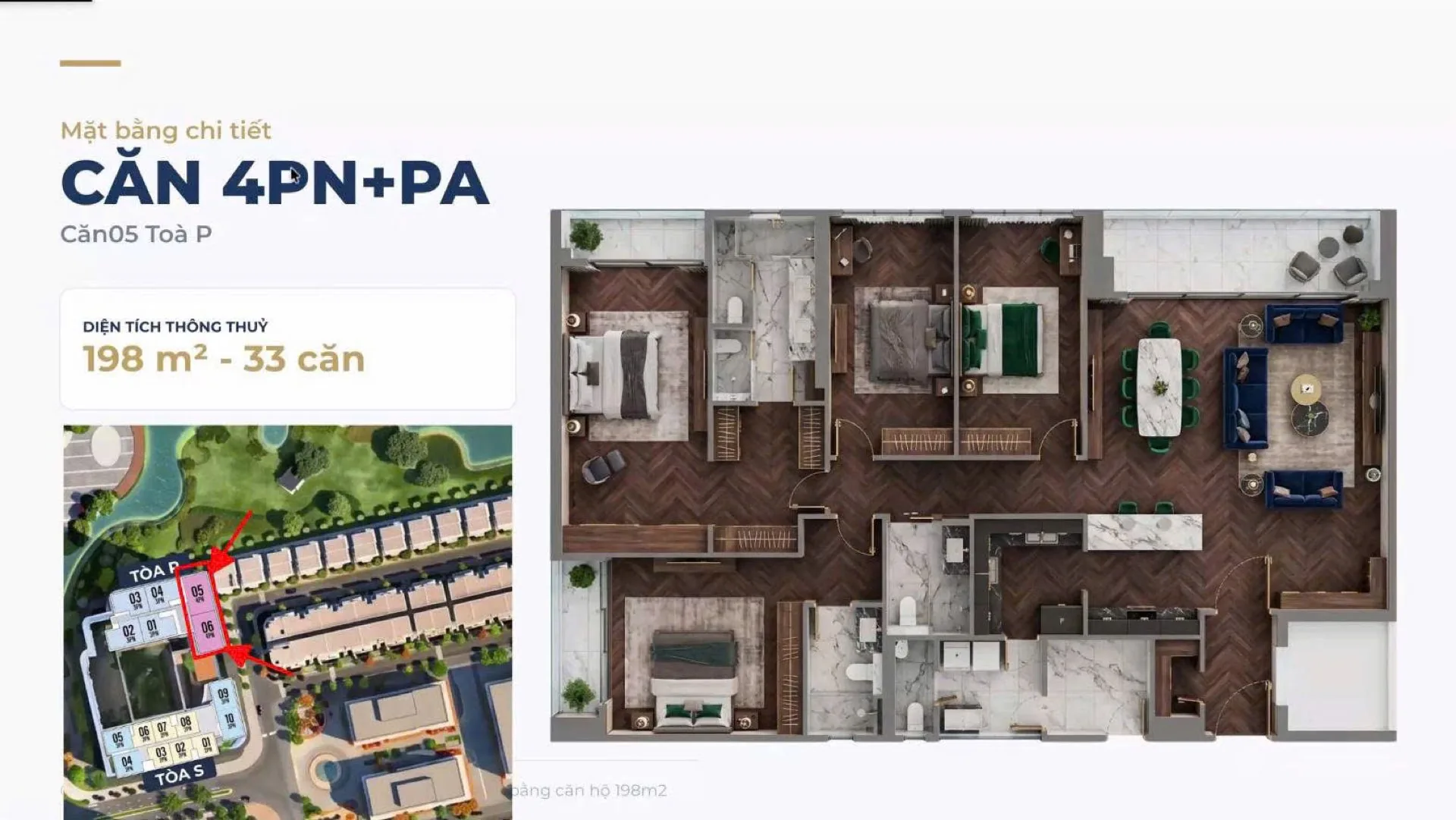 Mặt bằng căn hộ 4PN+PA 198 m2 Maison Privée